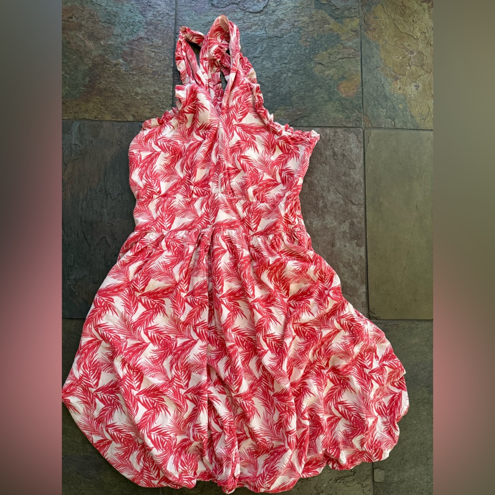 See by Chloe 100% silk Dress size 8 palm leaves coral halterside zip Bubble hem